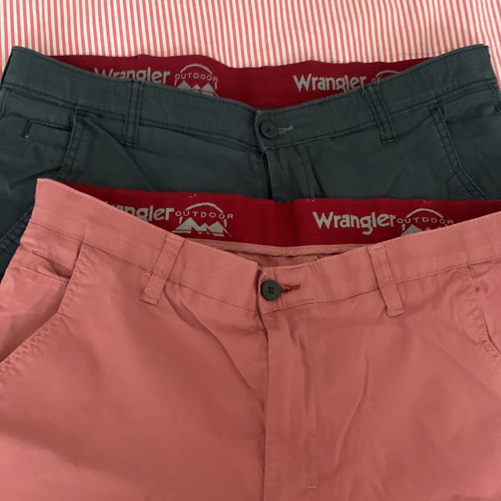 Wrangler Pale Coral Shorts and a Greyish Black Shorts. You get Two for $17.00.